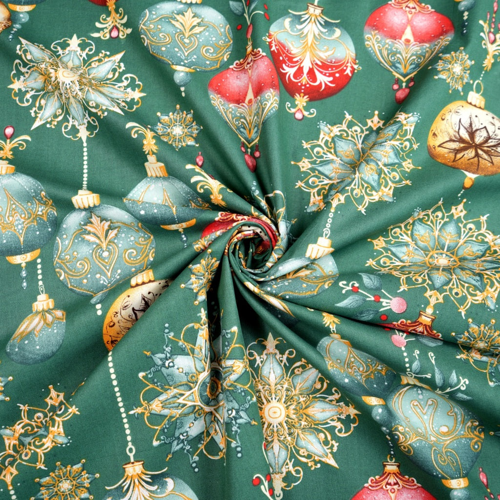 Coton Boules de Noël Multicolores Fond Vert | 1m x 1m60