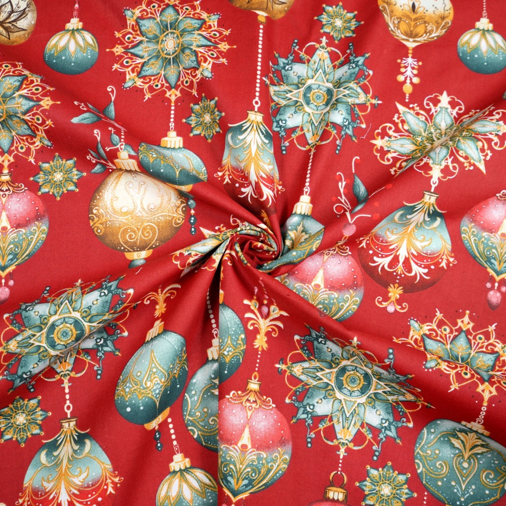 Coton Boules de Noël Multicolores Fond Rouge | 1m x 1m60
