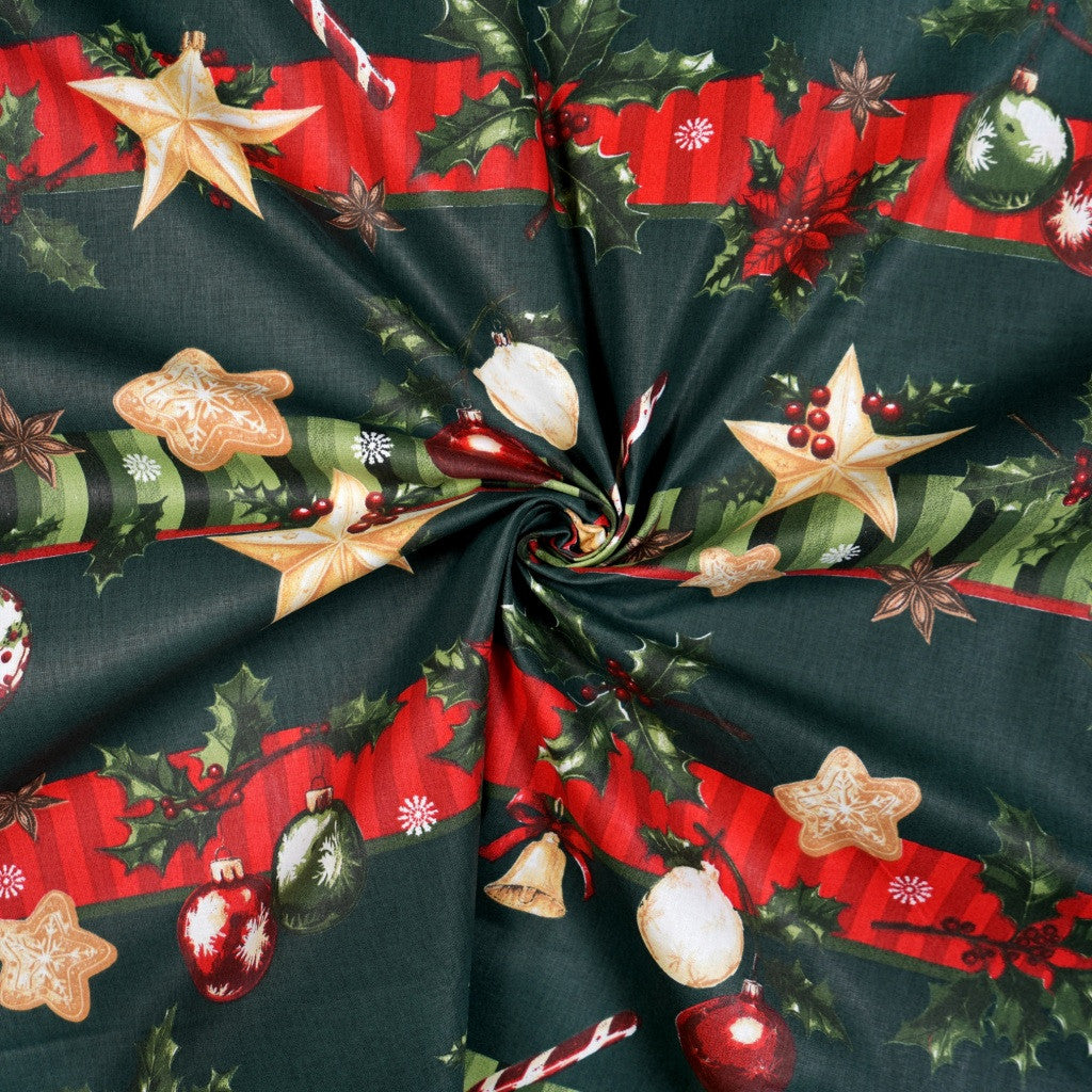 Coton Banderoles De Noël Sur Fond Vert | Laize 1m55
