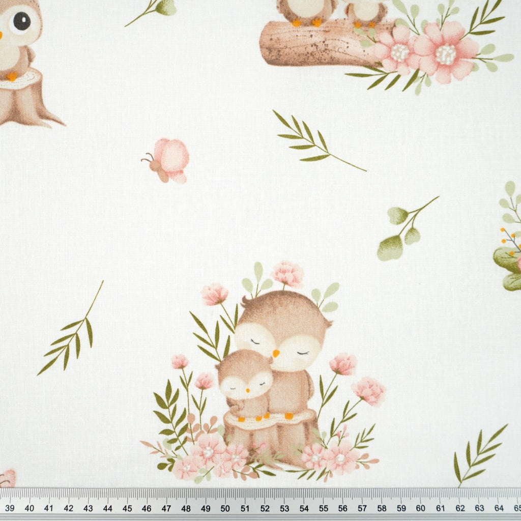 Coton Chouette et Fleurs Fond Blanc | Laize 1m60