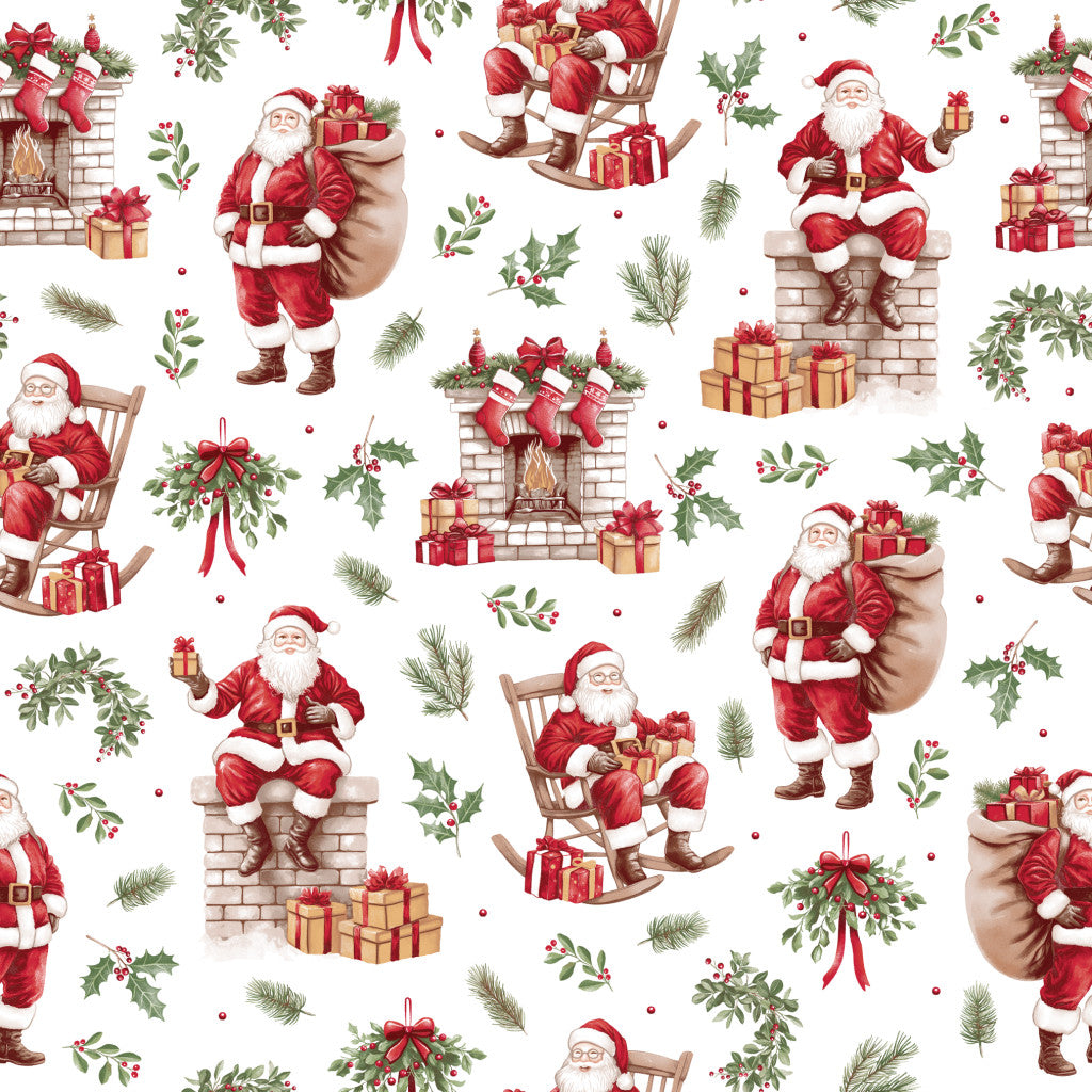 Coton Père Noël Avec Cadeaux Fond Blanc | Laize 1m60