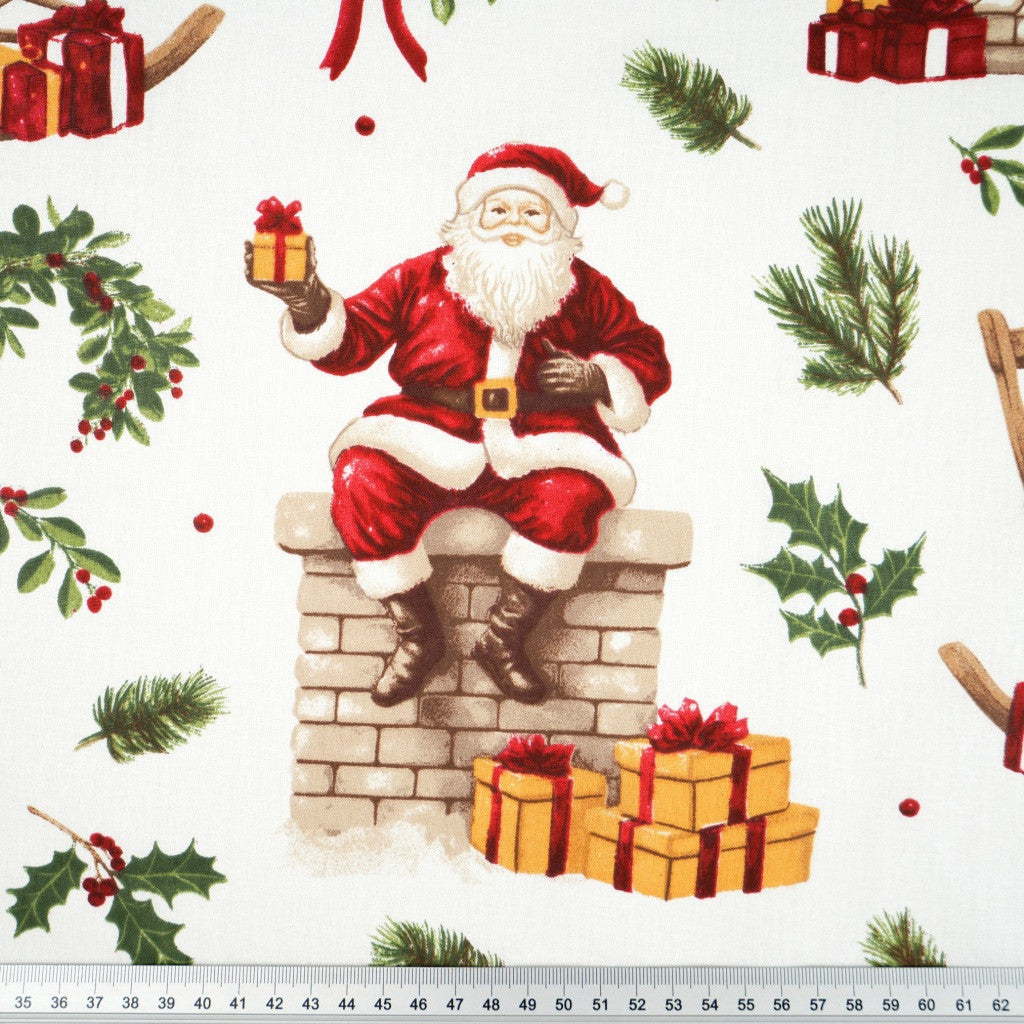 Coton Père Noël Avec Cadeaux Fond Blanc | Laize 1m60
