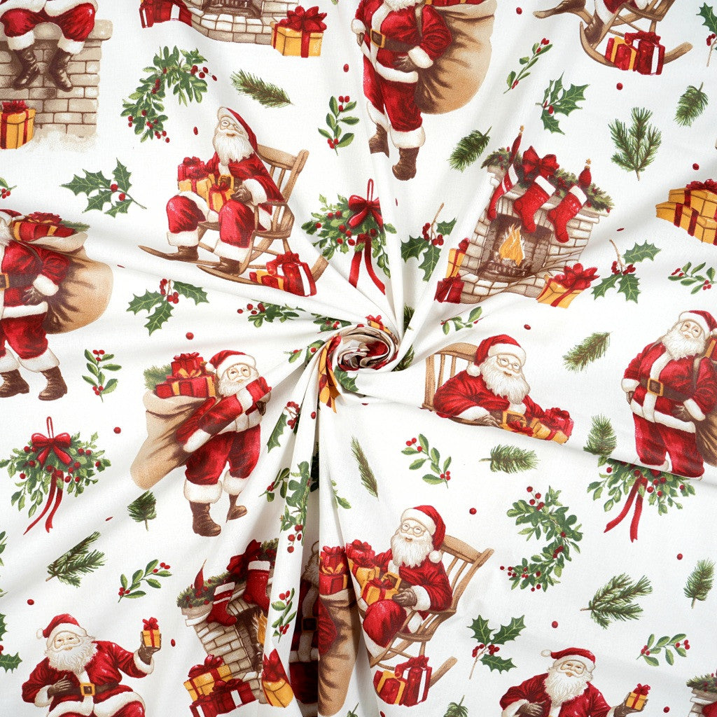 Coton Père Noël Avec Cadeaux Fond Blanc | Laize 1m60