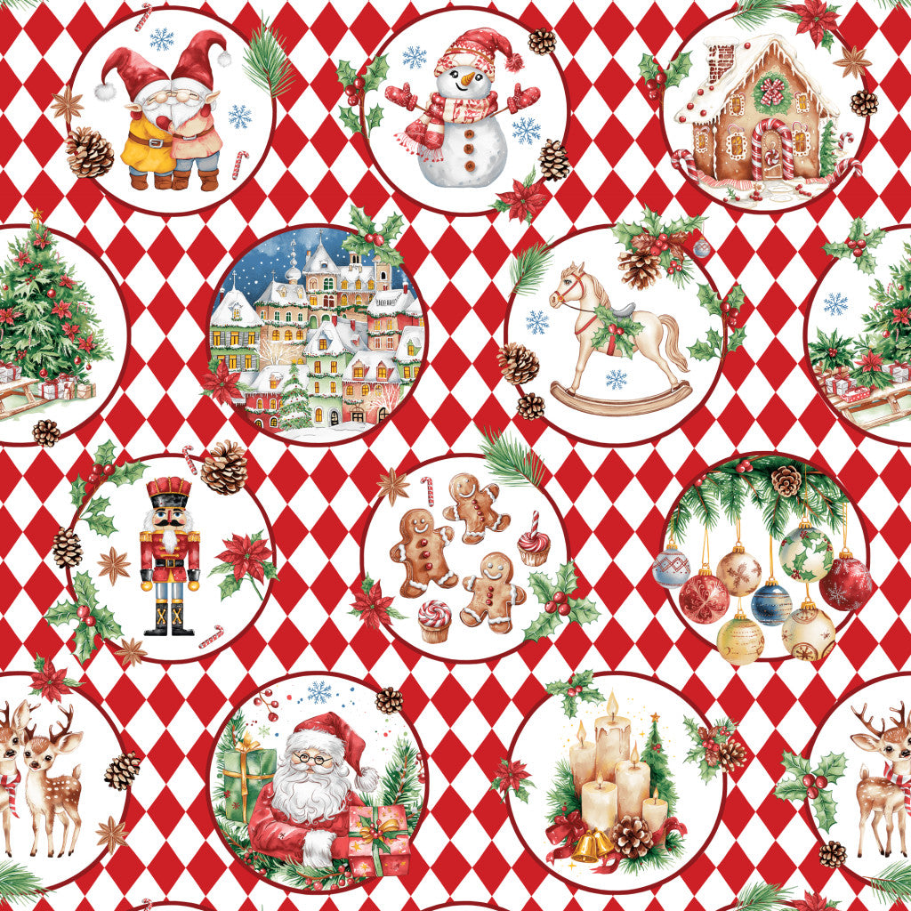 Coton Portraits De Noël Sur Losanges Blanc et Rouges | Laize 1m55