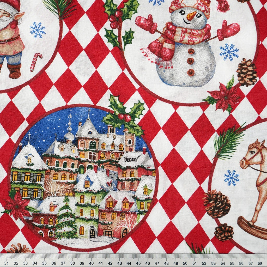 Coton Portraits De Noël Sur Losanges Blanc et Rouges | Laize 1m55