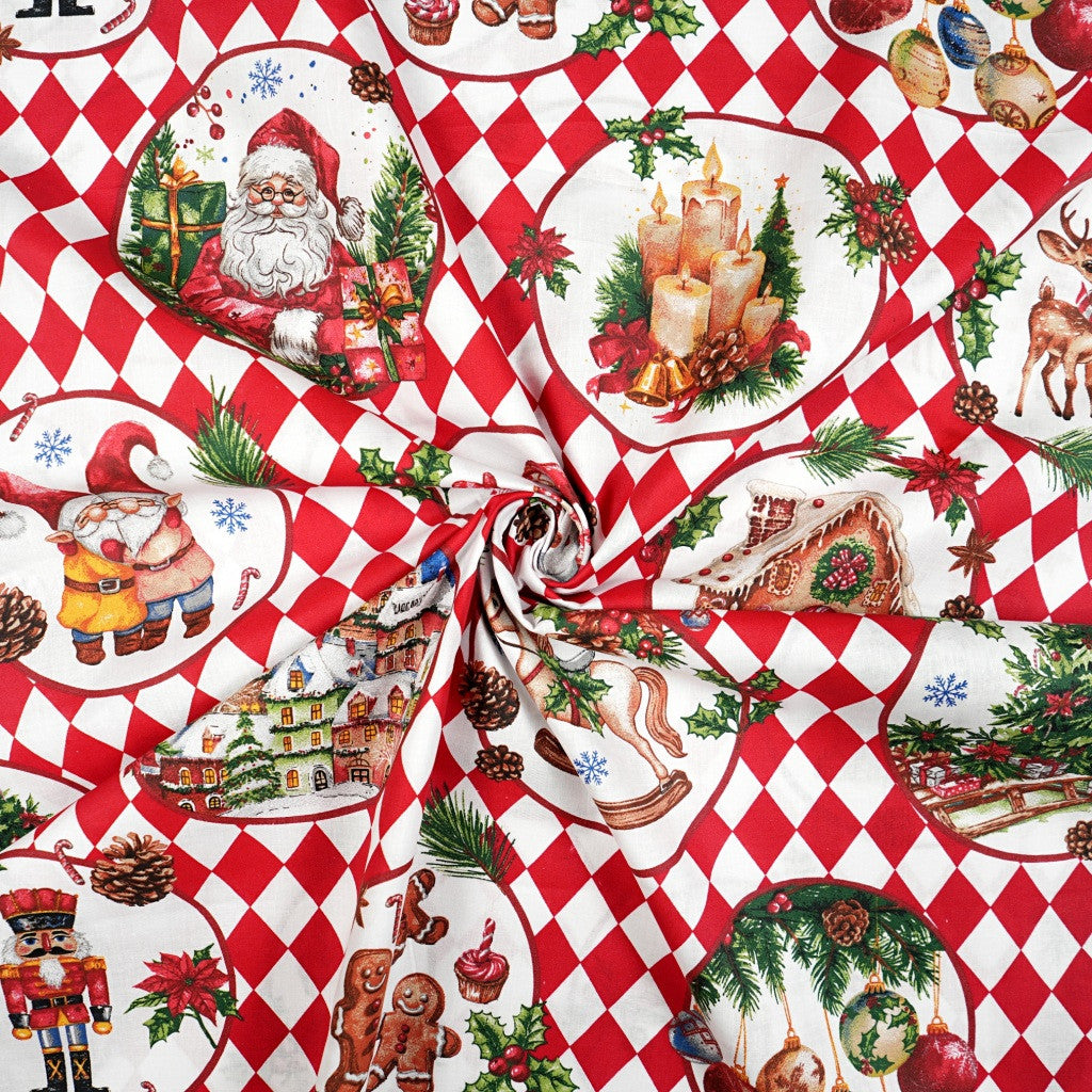 Coton Portraits De Noël Sur Losanges Blanc et Rouges | Laize 1m55