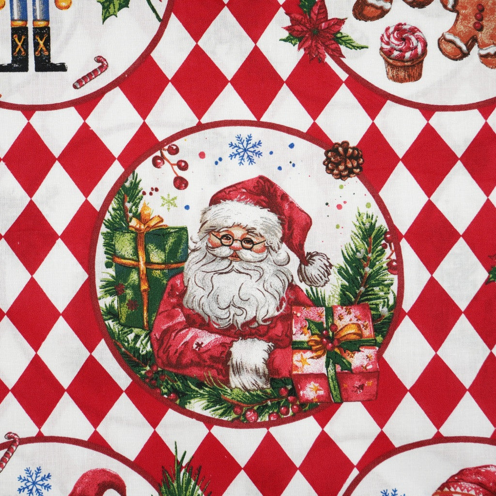Coton Portraits De Noël Sur Losanges Blanc et Rouges | Laize 1m55