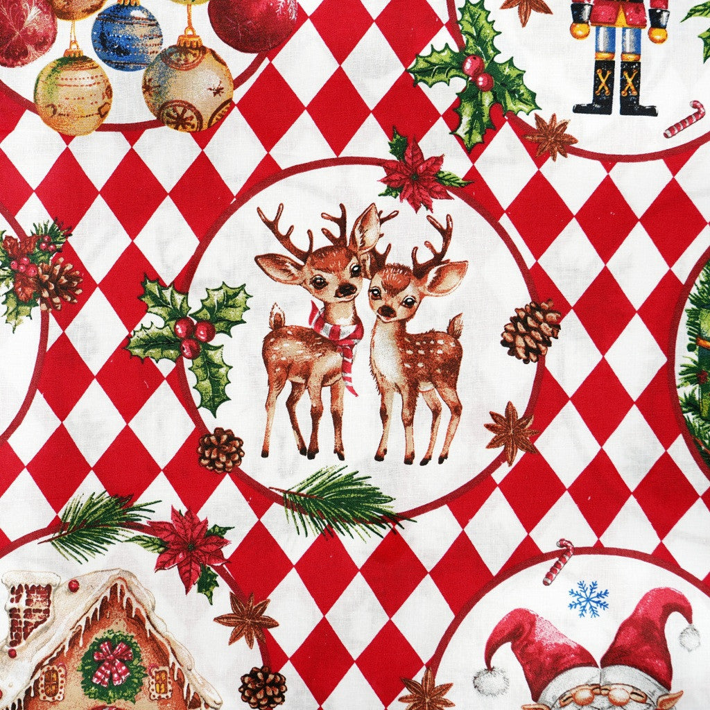 Coton Portraits De Noël Sur Losanges Blanc et Rouges | Laize 1m55