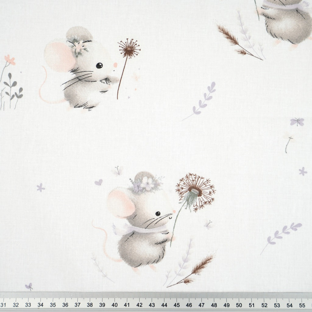 Coton Souris Dandelion Fond Blanc | Laize 1m60