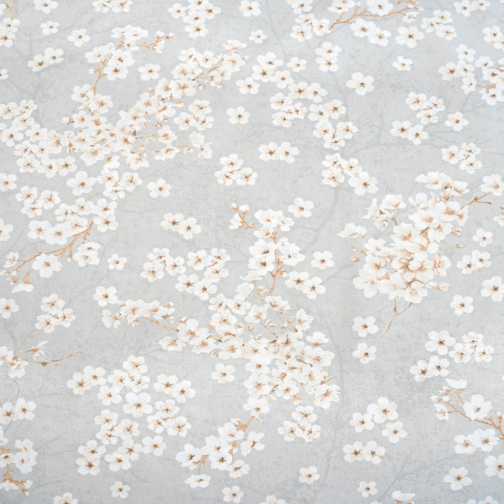 Coton Fleurs De Cerisier Blanches Fond Gris | 1m x 1m60