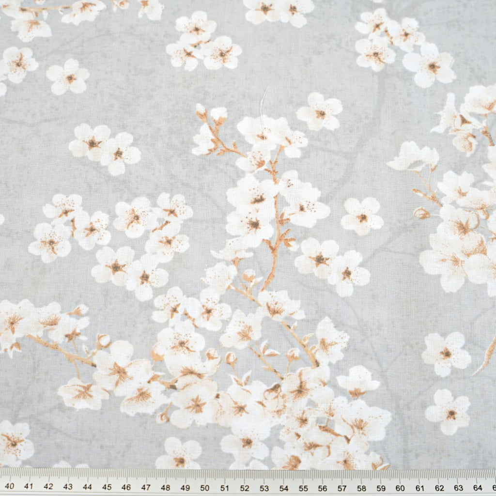 Coton Fleurs De Cerisier Blanches Fond Gris | 1m x 1m60