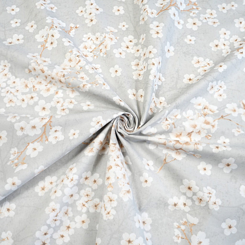 Coton Fleurs De Cerisier Blanches Fond Gris | 1m x 1m60