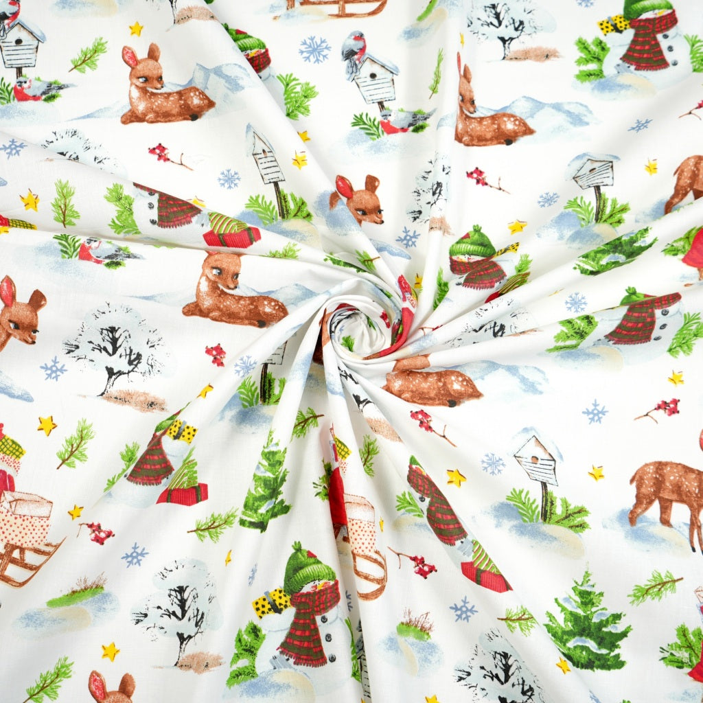 Coton Motifs de Noël Cerf Fond Blanc | 1m x 1m60