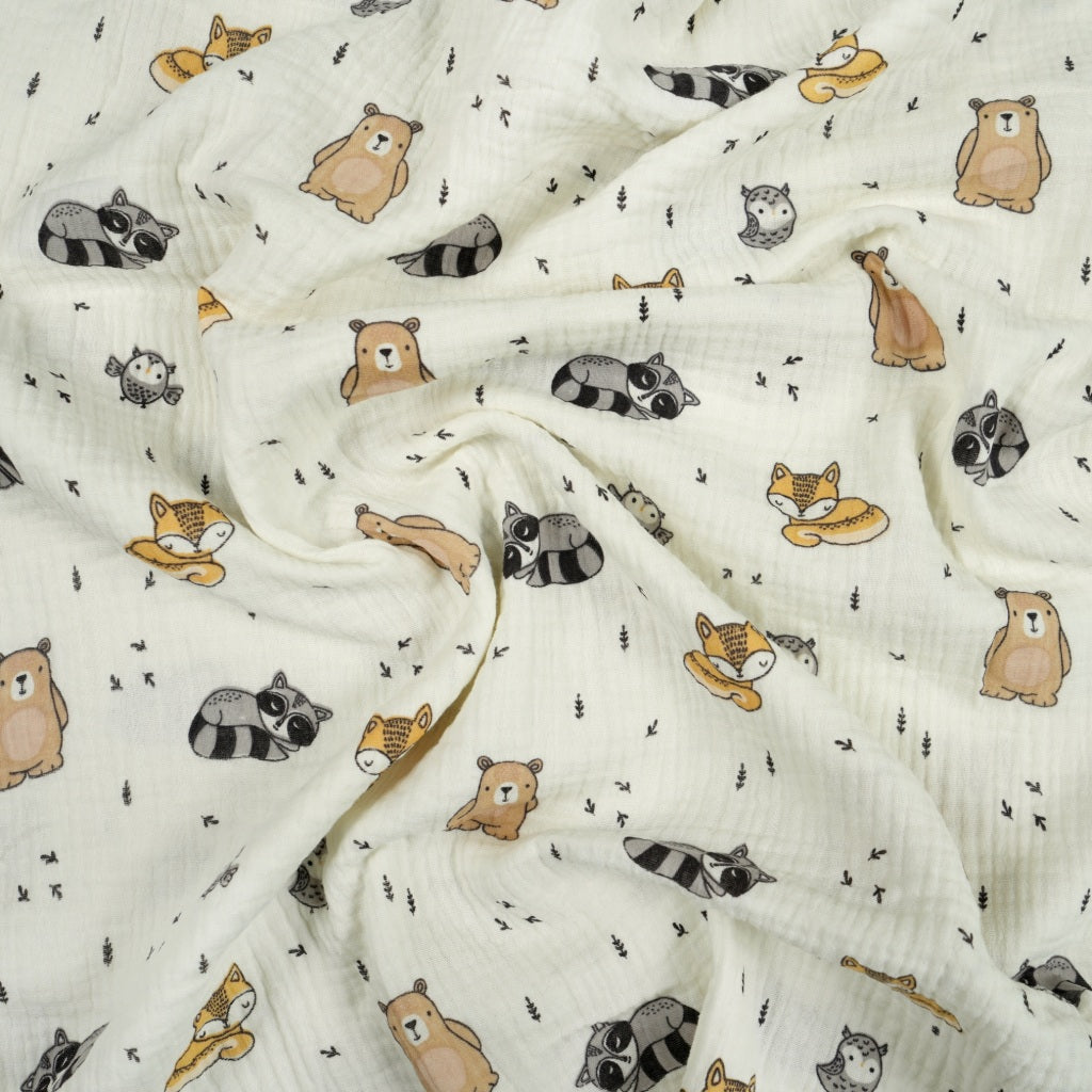 Double Gaze De Coton Imprimé | Raton Renard Ourson Fond Ecru | Laize 135cm