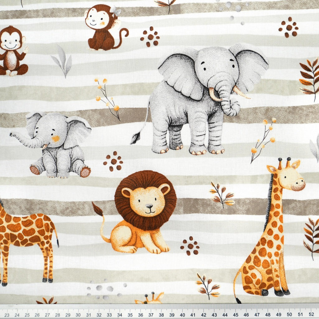 Tissu Coton Animaux Savane Lignes Grises | Laize 1m55
