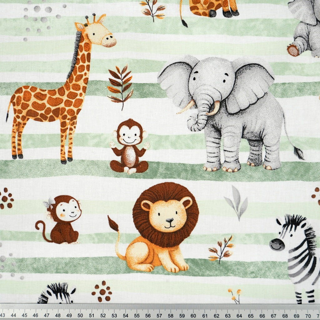 Tissu Coton Animaux Savane Lignes Vertes | Laize 1m55