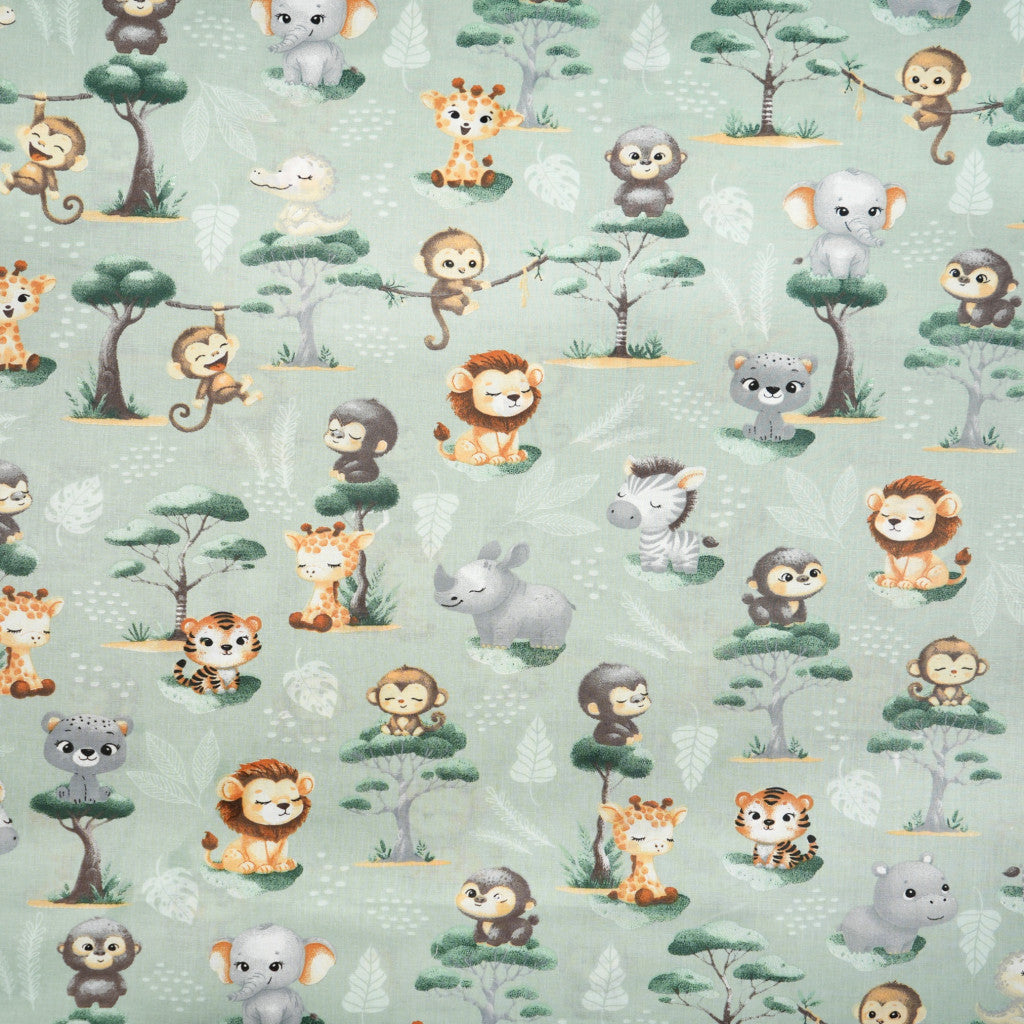 Coton Baby Animaux Africains Fond Vert Sage | 1m x 1m55