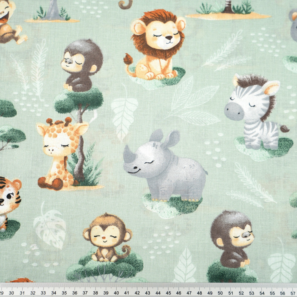 Coton Baby Animaux Africains Fond Vert Sage | 1m x 1m55