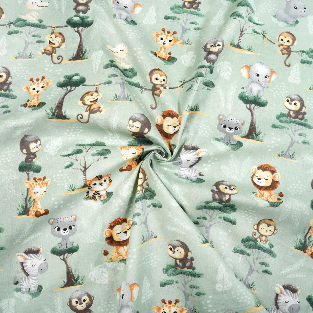 Coton Baby Animaux Africains Fond Vert Sage | 1m x 1m55
