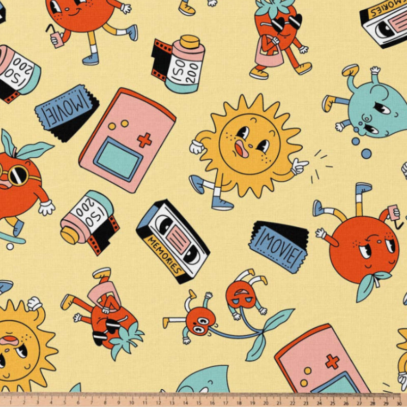 Coton personnages D'Arcade Fond Jaune | 1m x 1m50