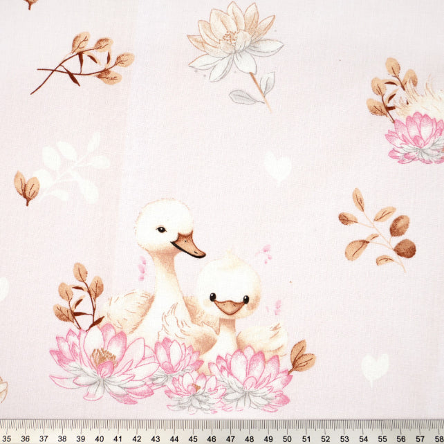 Tissu Coton Cygne et Lys Fond Rose Pâle | Laize 1m60