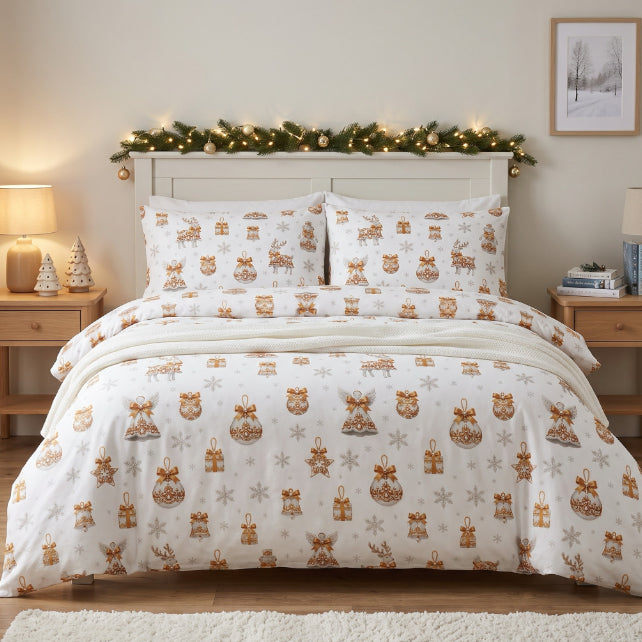 Tissu Coton Noël Décor Festif Doré Fond Blanc | Laize 1m55