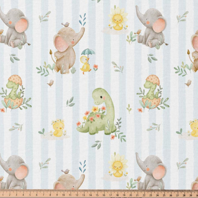 Tissu Coton Eléphant Dino Ligné Blanc Bleu | Laize 1m50