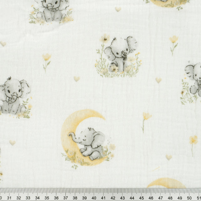 Tissus Double Gaze De Coton Imprimé | Eléphants Lune Jaune | Laize 135cm