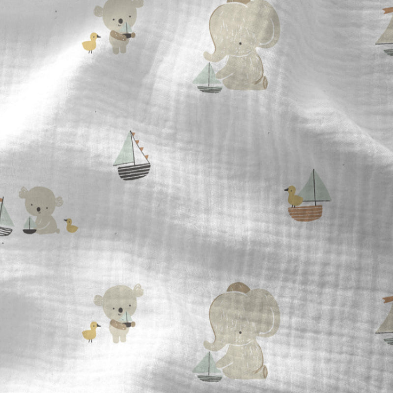 Double Gaze De Coton Imprimé | Eléphant Kidsbay Fond Blanc | Laize 135cm