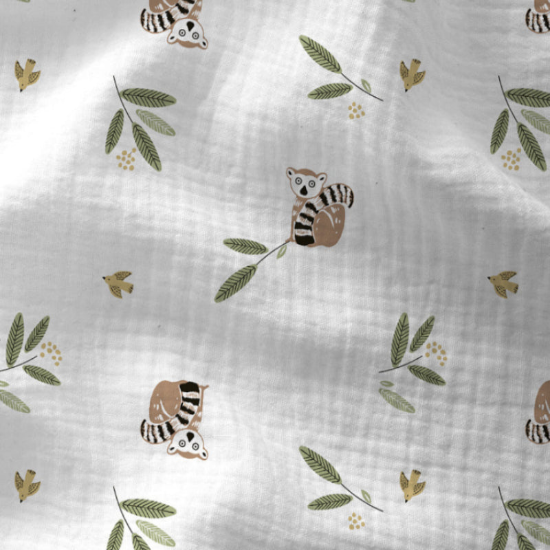 Double Gaze De Coton Imprimé | Lémurien Kamala Fond Blanc | Laize 135cm