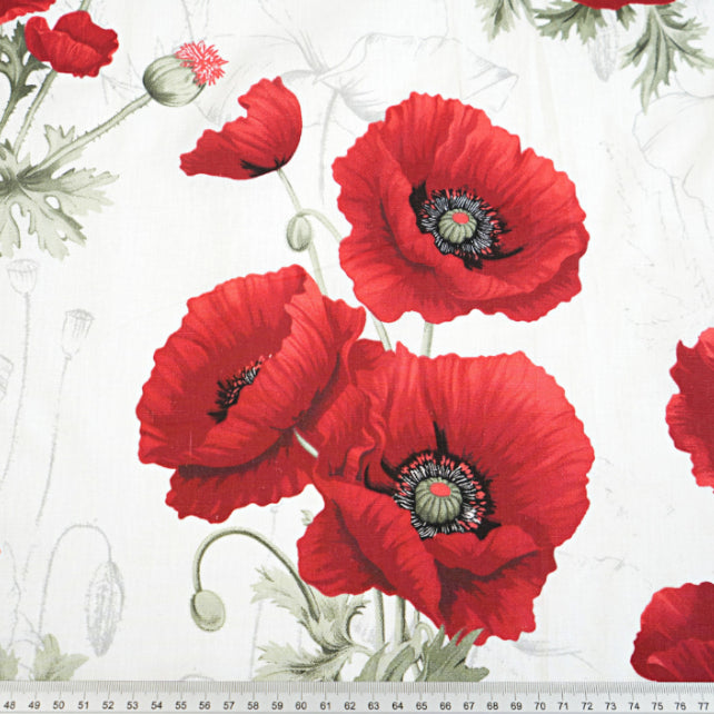 Tissu Coton Grand Coquelicots Rouges Fond Blanc | Laize 1m55