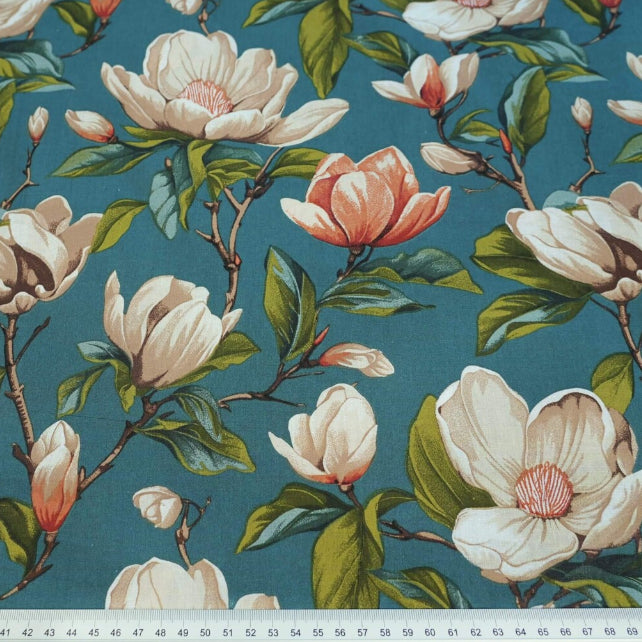 Tissu Coton Magnolias Beiges Fond Océan | Laize 1m55