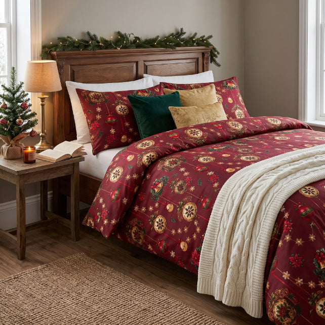Tissu Coton Noël Guirlandes Boules Bordeaux Blanc | Laize 1m55