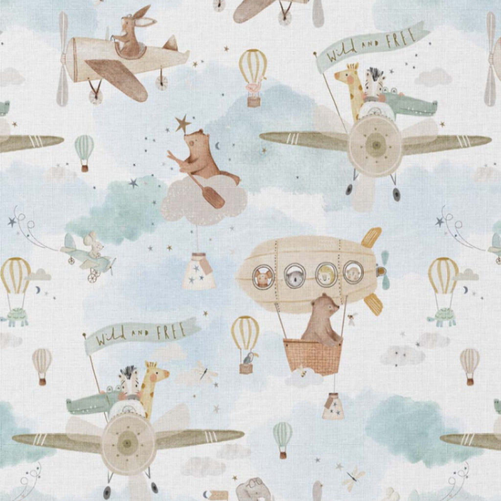 Coton Animaux dans les Airs Fond Blanc | Laize 1m50