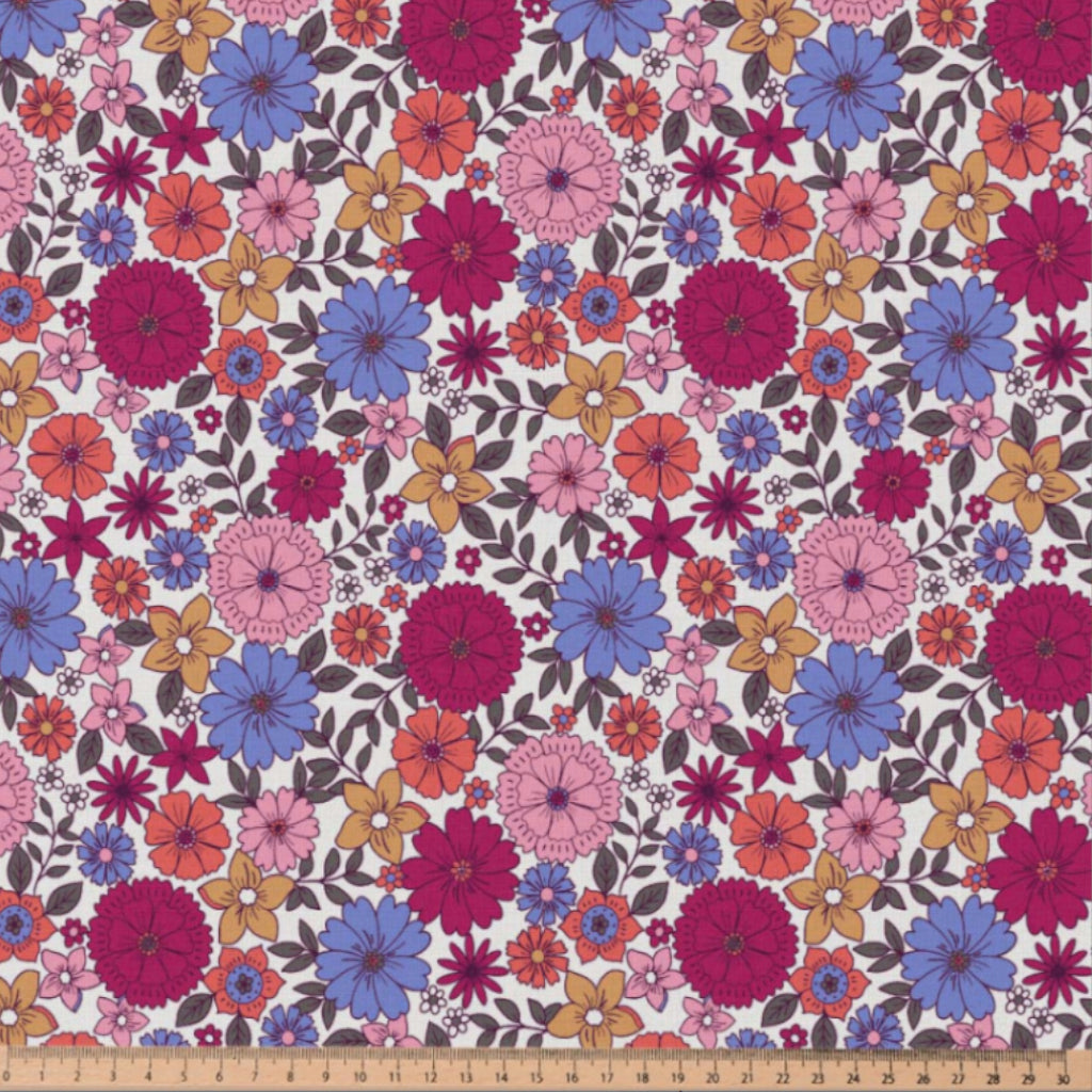 Coton Imprimé Fleurs Brigitte Pourpres Fond Blanc | Laize 1m50