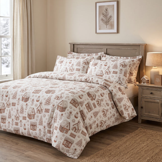 Tissu Coton Noël Village de Noël Blanc Beige | Laize 1m55