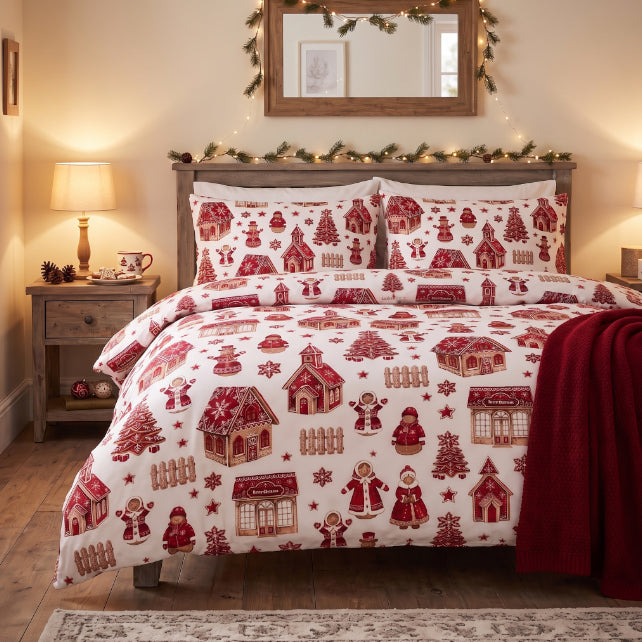 Tissu Coton Noël Village de Noël Rouge Beige | Laize 1m55