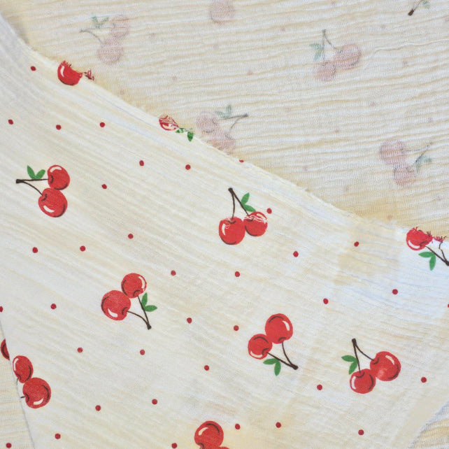 Tissu Double Gaze De Coton Imprimé | Cerises Fond Blanc | Laize 130cm