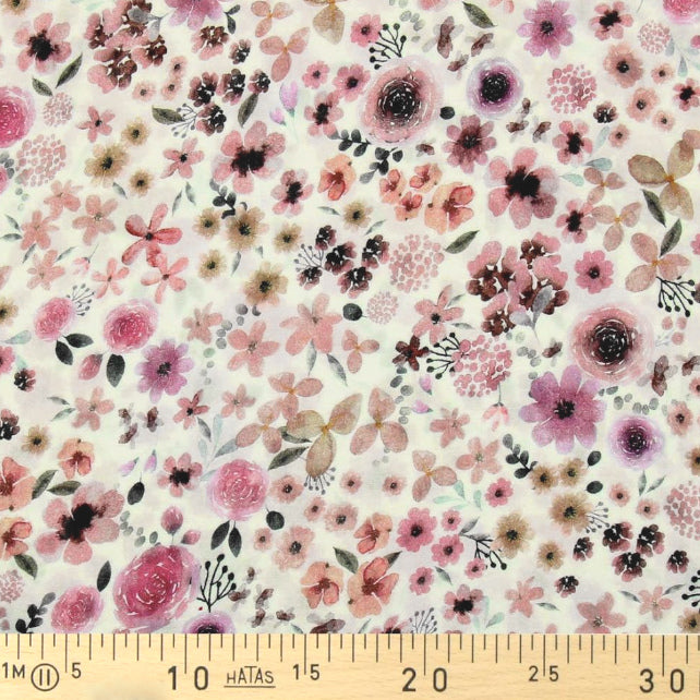 Tissu Double Gaze De Coton Imprimé | Fleurs Hortense Ecru Violet