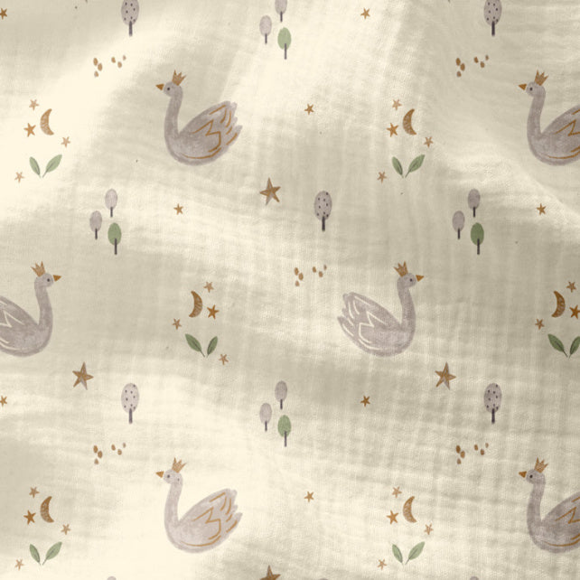 Tissu Double Gaze De Coton Imprimé | Alba Cygne Fond Ecru