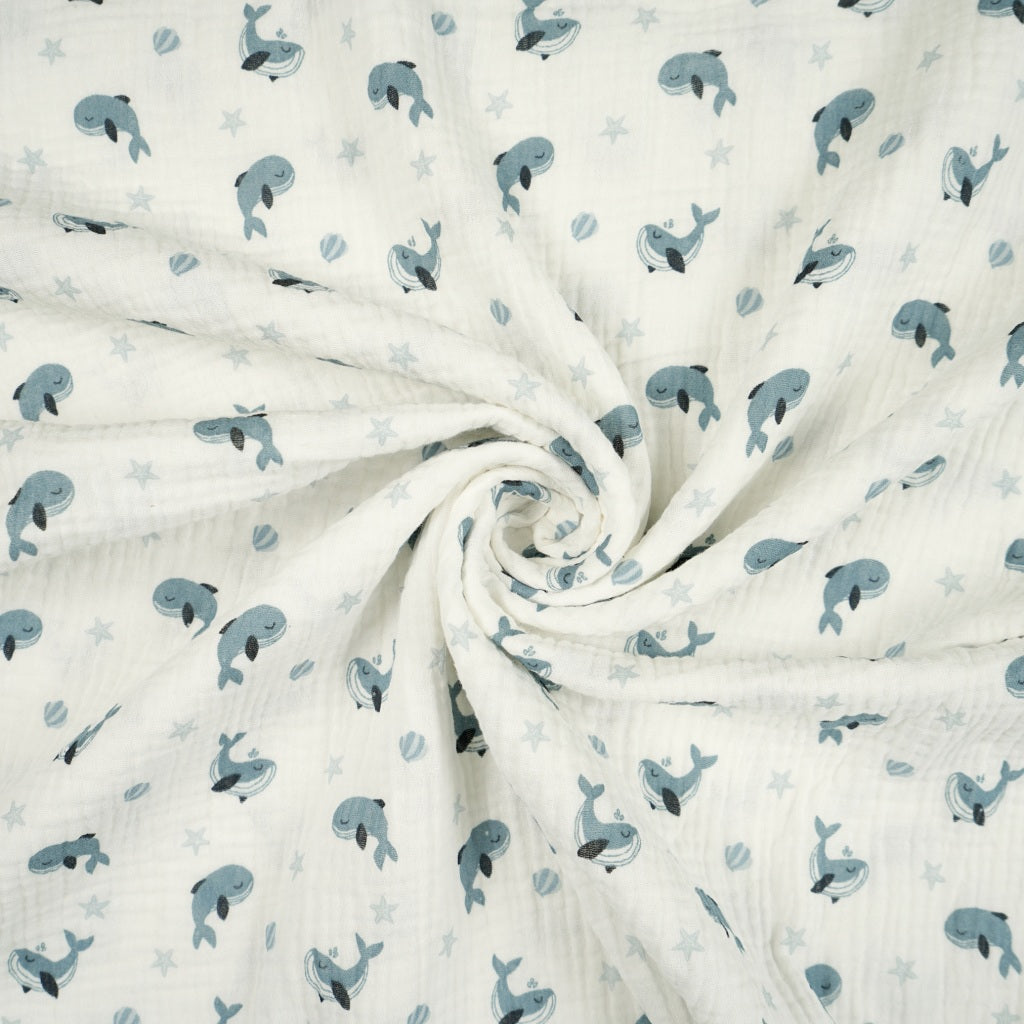 Double Gaze De Coton Imprimé | Baleines Bleues | Laize 135cm