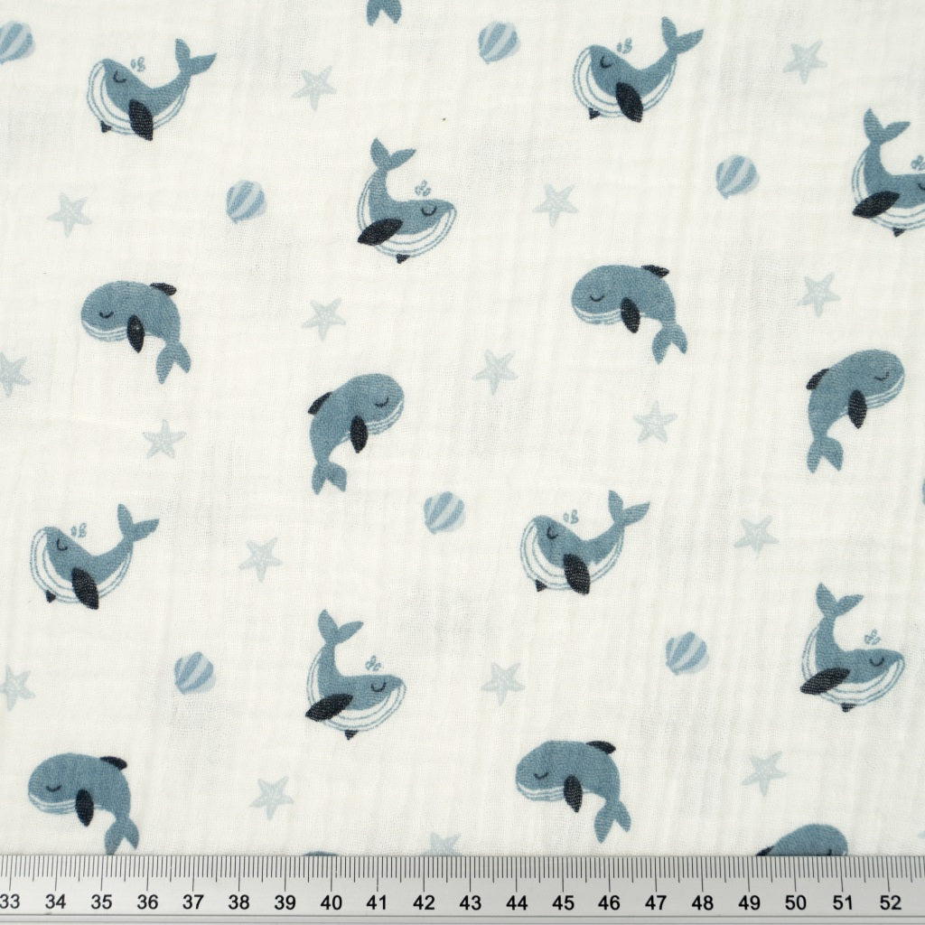 Double Gaze De Coton Imprimé | Baleines Bleues | Laize 135cm