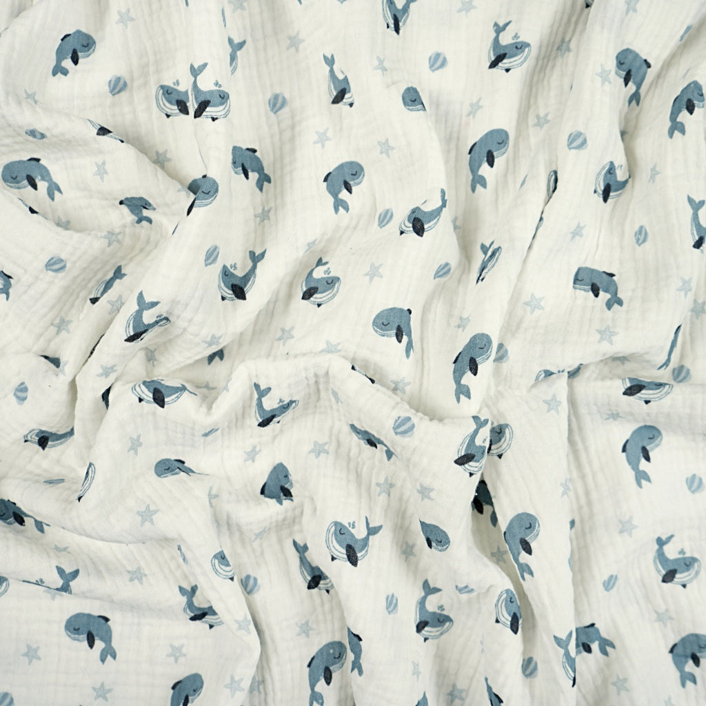 Double Gaze De Coton Imprimé | Baleines Bleues | Laize 135cm