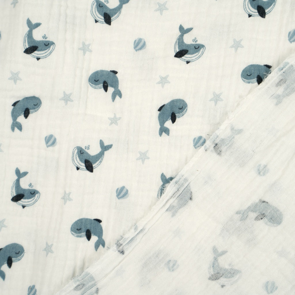 Double Gaze De Coton Imprimé | Baleines Bleues | Laize 135cm