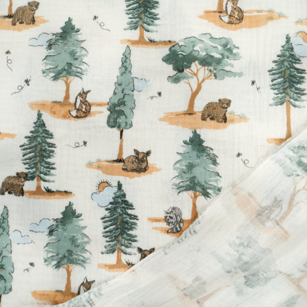 Double Gaze De Coton Imprimé | Animaux Clairière | Laize 130cm