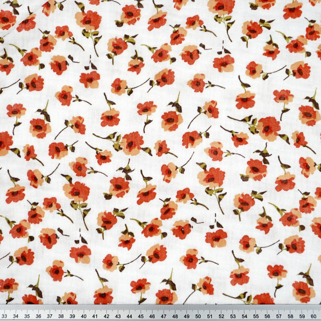 Tissu Double Gaze De Coton Imprimé | Fleurs Rouges Fond Blanc