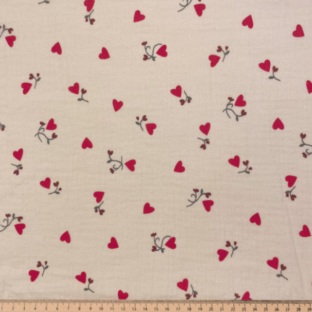 Tissu Double Gaze De Coton Imprimé - Coeurs Ilove Fond Latte