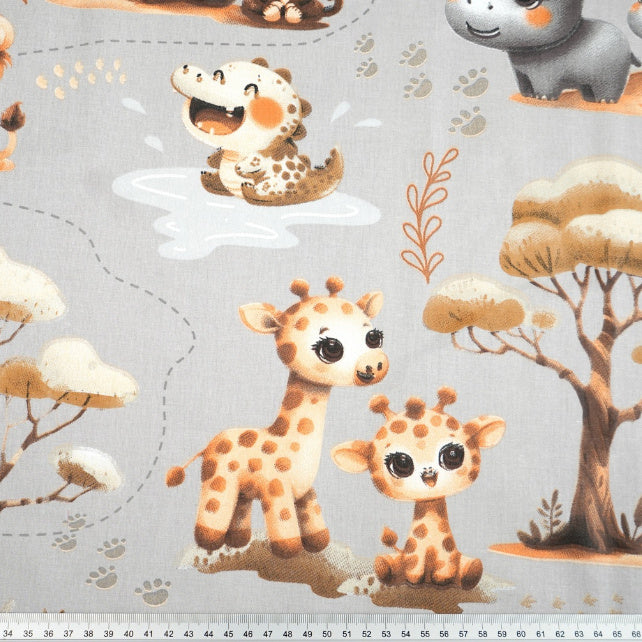 Tissu Coton Animaux Africains Bruns Fond Gris | Laize 1m55