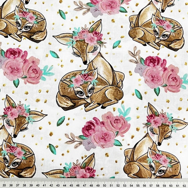 Tissu Coton Biches et Roses Fond Blanc | Laize 1m55