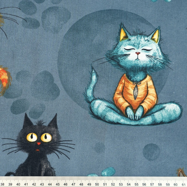 Tissu Coton Chats Oranges et Pattes Fond Bleu Jeans | Laize 1m55